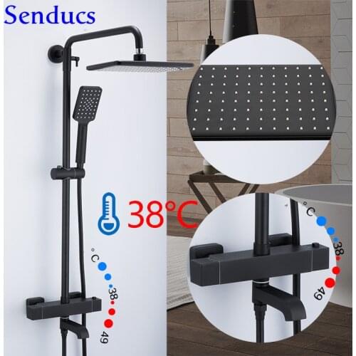 Thermostatic Shower Set Senducs Black Thermostatic Shower System 38 Degree Temperature Bathroom Shower Faucet Chrome Shower Set