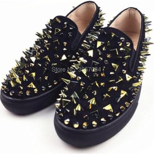 SHOOEGLE Nightclub Shoes Men Rivets Studs Loafers Round Toe Thick Flats Spiked Shoes Slip On Casual Shoes Black White Red Loafer
