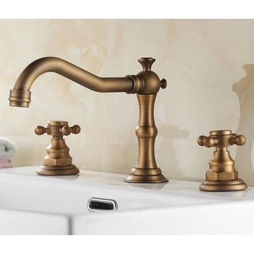 Vintage Antique Brass Two Cross Handle Deck-Mount 3 Hole Widespread Bathroom Lavatory Vessel Basin Faucet Sink Mixer Tap dan026