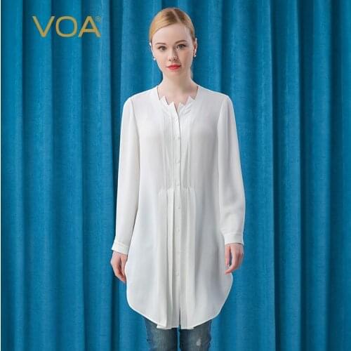 VOA Heavy Silk 30m/m Milk White V Vertical Collar Single Row Buckle Jacquard Splice Long Sleeve Pendant Shirt BE357