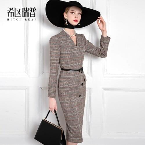 High End Temperament WomenS Ol Professional Slim Dress 2021 Spring And Autumn New Plaid Knee Dress