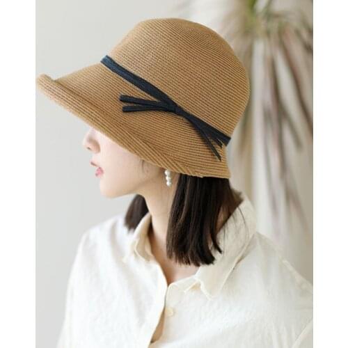 Women Hepburn Vintage Woven Sun Hat Elegant Contrast Color Bowknot Short Roll Up Brim Foldable Summer Bucket Cap