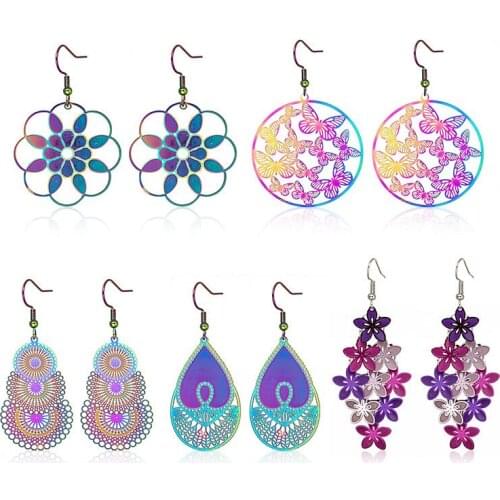 Origin Summer Exaggerated Colorful Hollow Waterdrop Flower Dangle Earrings for Women Stainless Steel Butterfly Earrings Jewelry