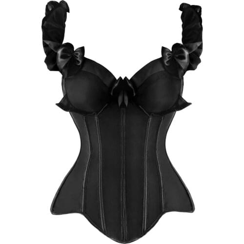 Womens Vintage Satin Corset Bustier Top Boned Elastic Ruffled Straps Outwear Overbust Corset Sexy Gothic Corset Zipper
