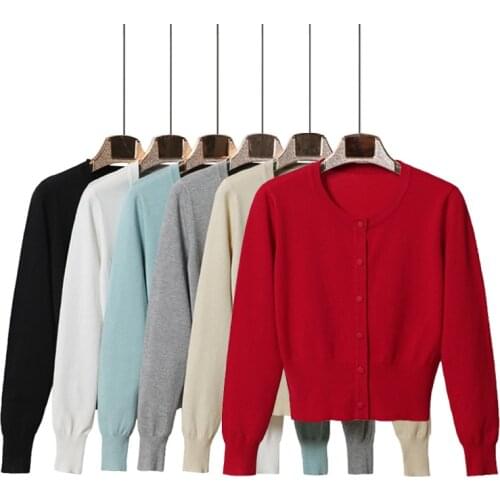 Queechalle Short Women Knitted Cardigan Coat Spring Autumn 2021 O-Neck Long Sleeve Casual Knit Sweater Coat Female Tops Black