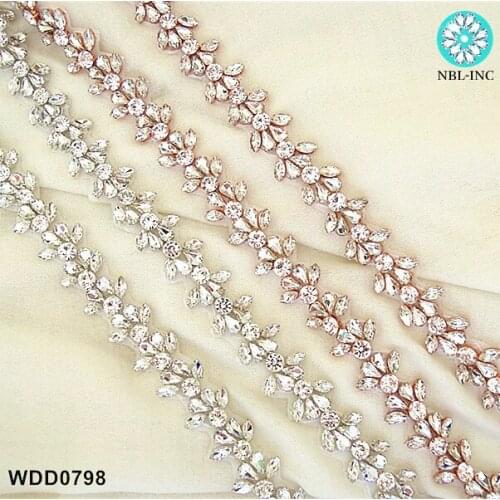 10 yards )Wholesale bridal hand beaded crystal rhinestone applique trim iron on for wedding dresses belt WDD0798