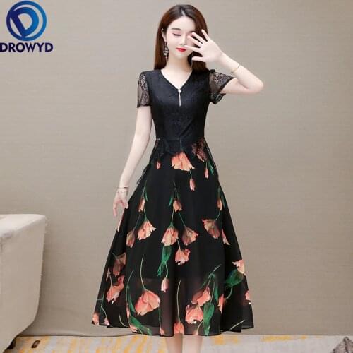 2021 Summer Long Casual High Quality Dress Lace Chiffon Short Sleeve Party Vestidos Floral V-neck M-4XL Black Beach Soft Robe