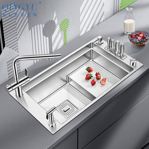 2021 Luxury 304 Stainless Steel Kitchen Stepped Sink 4mm Thickness 220mm Depth Large Size Handmade Brushed Knife Holder Sink