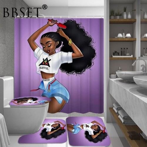 African Girl Combing Her Hair Waterproof Print Shower Curtain 4 Piece Toilet Lid Cover Anti-slip Soft Rugs Bath Mat Bathroom Set