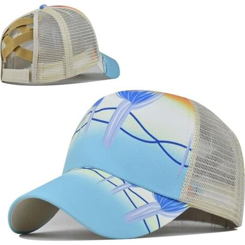 Ponytail Baseball Cap Women Distressed Color Printing trend Caps Casual Summer Snapback Hat Silk stripes Satin Mesh hat
