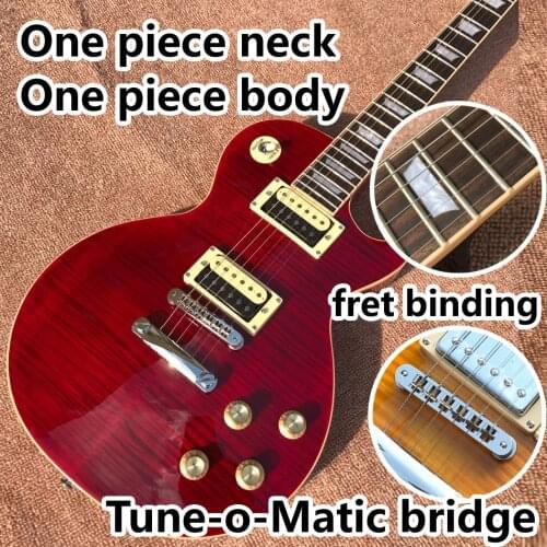 One piece Neck one piece body electric guitar in sunburst ,Upgrade Tune-o-Matic bridge guitar Tiger Flame guitar Wine red
