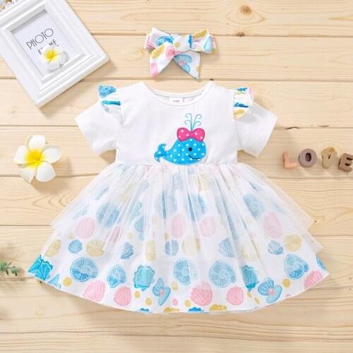 Baby Summer Dress 3-12 Months Girl Sea Pattern Net Gauze Mid Calf Short Sleeve Dress Ball Gown