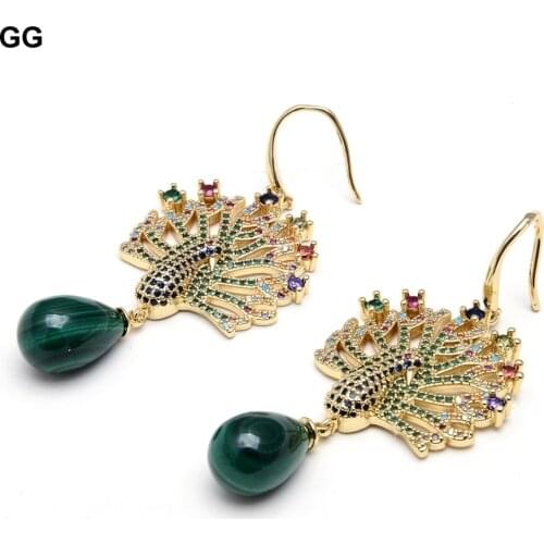 GG Jewelry Natural Green Malachite Peacock stone Colorful CZ Pave Gold Plated Peacock Dangle Hook Earrings For Women