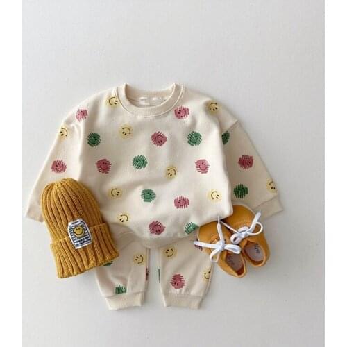 Koodykids Baby Boys Girls Clothes Set Autumn Toddlers Boys Cotton Smile Brown Grey Sweatshirts Pants 2PCS Clothing Set Spring