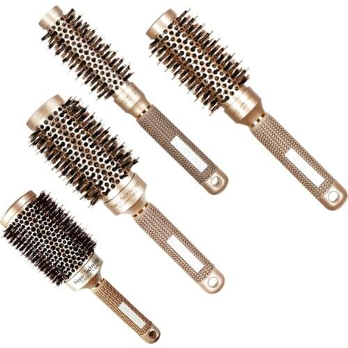 Round Barrel Hair Brush With Simulation Boar Bristle, For Hair Drying, Styling, Curling, Gold
