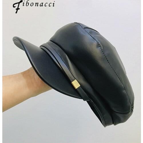 Fibonacci Fashion Hats For Women Winter Military Hat PU Leather Flat Top Navy Cap Simple Outdoor Street Retro Beret Student Caps