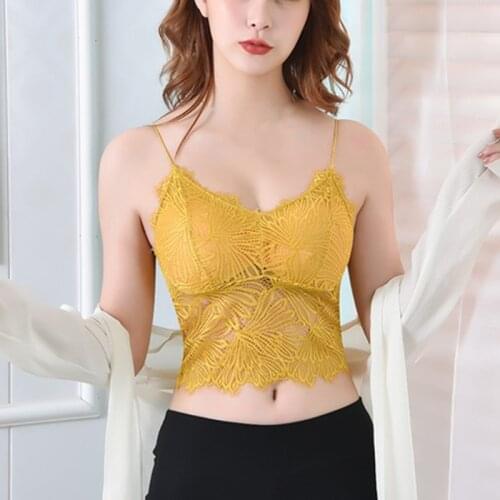 Fashion Womens Sleeveless Crop Tops Floral Lace Padded Tank Tops Summer Spaghetti Strap Solid Female Camis