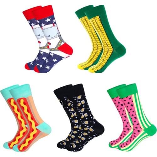 Men Cotton Casual Happy Socks Fashion Beer Corn Watermelon Colorful Pattern Long Socks Business Party Printed Happy Crew Socks