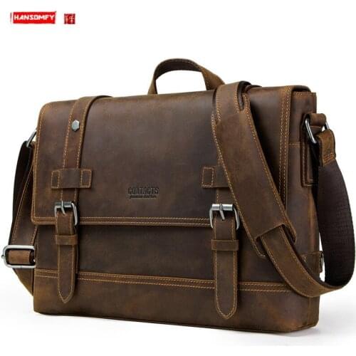 Genuine Leather Mens handbags Portable Business Briefcase Laptop Bag Crazy Horse Cowhide Messenger Bags