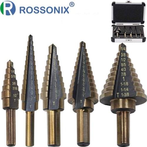 ROSSONIX 5 Pieces Aluminum Box Set Imperial Step Drill Bit High Speed Steel 4241 Titanium Coated Metal Hole Cutter Power Tools