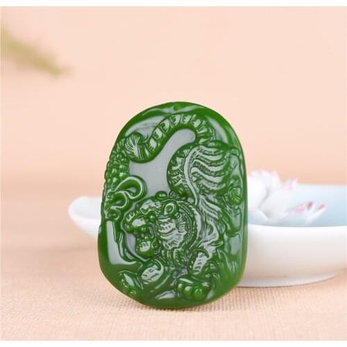 Natural Green Chinese Tiger Jade Pendant Necklace Beads Carved Jadeite Fashion Charm Jewelry Accessories Amulet Men Women Gifts
