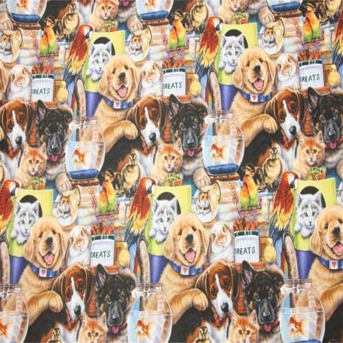 Cartoon Cats Dogs Parrot Fish Print 100% Cotton Fabric for Boy Hometextile Cushion Cover Needlework Material Handmade Crafts DIY