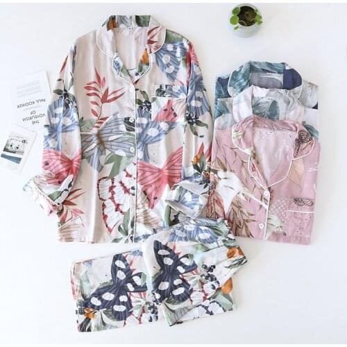 Spring Long-sleeved Trousers Pajamas Women Thin Rayon Sleepwear Lapel Print Satin Loungewear Two Piece Set Summer Sexy Nightwear