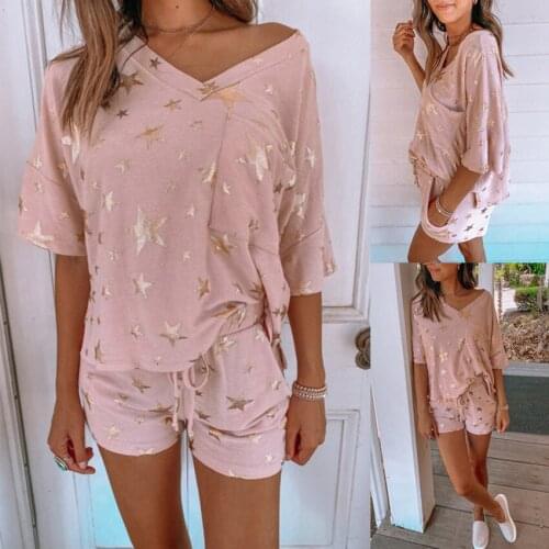 2 Pcs Summer New Pajamas Women Sexy Star Print Sleepwear Set Loose Soft Short Sleeve Tops Pants Casual V Neck Homewear Suit