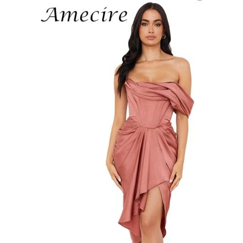 Amecire Satin Dresses Rubber Zipper One Shoulder Women Sexy dress Special Occasion For Events Elegant Corset Ladies Dress