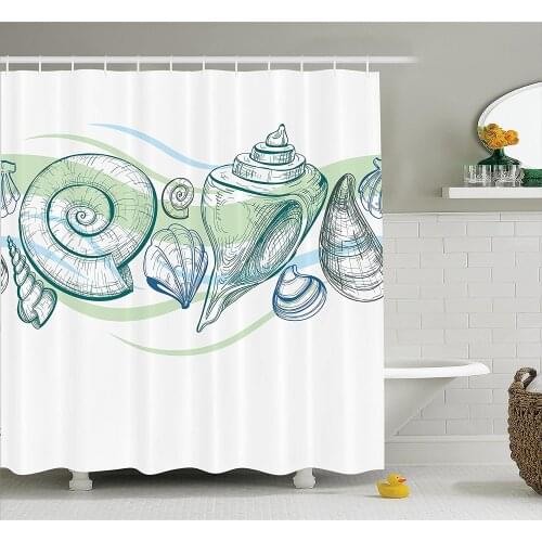 Seashells Shower Curtain Pastel Color Graphics of Seashells with Sketchy Features and Other Sea Elements Theme Bathroom Curtains