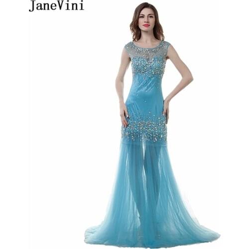 JaneVini Sexy Mermaid Blue Plus Size Bridesmaid Dresses Scoop Neck Crystal Beaded Illusion Back Floor Length Tulle Prom Gowns