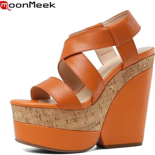 MoonMeek 2020 newest fashion high heels shoes genuine leather solid color ladies shoes summer platform women sandals