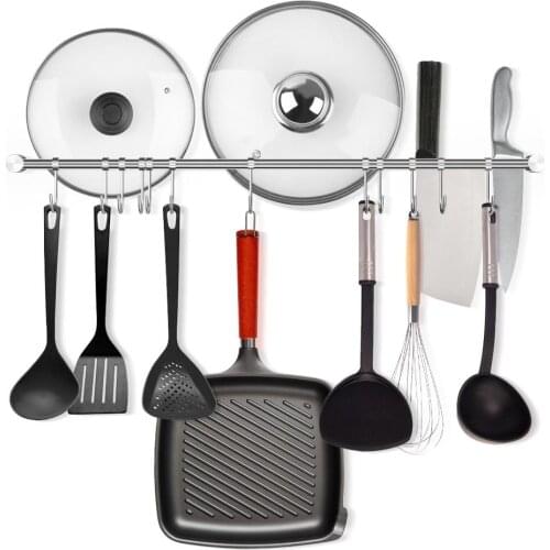 Kitchen Utensil Hangers Hooks 304 Stainless Steel 56cm Kitchen Utensil Wall Hanging Rod Hanger Rack 12 Sliding Hooks