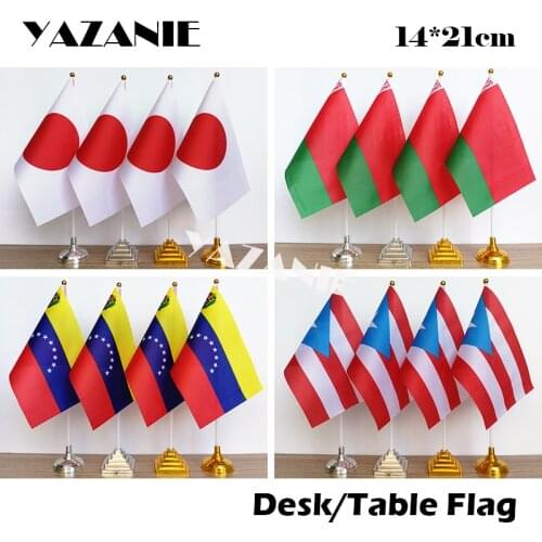 YAZANIE 14*21cm 4PCS Japan Belarus Venezuela Puerto Rico Desk Flag with Golden Silver Round Plastic Base&Pole Country Table Flag