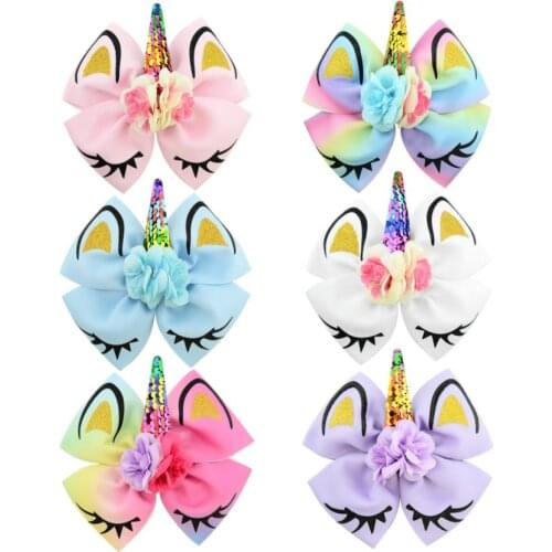 Hot 60pcs/lot Children Flip SequinsGold Unicorn Simulation Flower Bow Hairpin HairAccessories 6 Colors Free Shipping