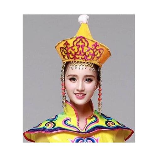 Yellow mongolia hat for adults chinese national dance hat minority hat yellow princess hat ancient princess cosplay