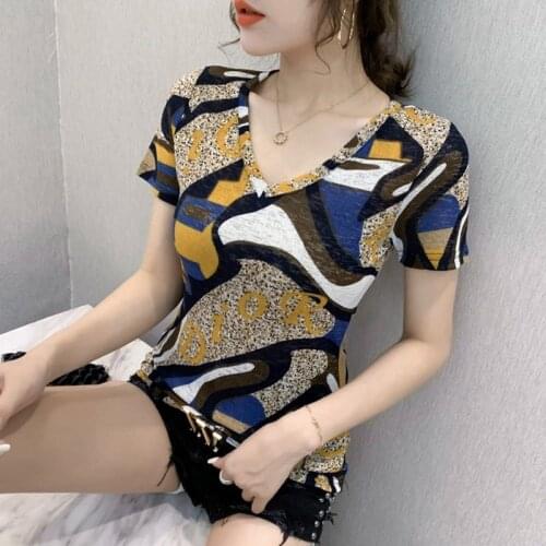Summer 2020 new fashion v-neck short sleeve printed t-shirt womens slim slim color top