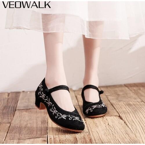 Veowalk Women Cotton Embroidered 4cm Low Block Heel Pumps Elegant Ladies Casual Chinese Style Embroidery Shoes Black Pink White