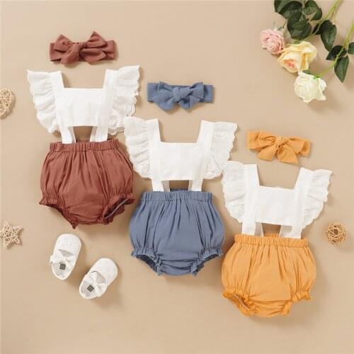 2020 Baby Summer Clothing Romper Newborn Toddler Baby Kids Girl 2Pcs Clothes Ruffle Romper Backless Sunsuit Outfit Headband New