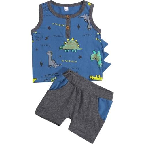 2021 Newborn-18M Summer Infant Girl Clothing Set Cartoon Dinosaur Print Sleeveless Top Vest+Pockets Shorts Casual Cotton 2pcs