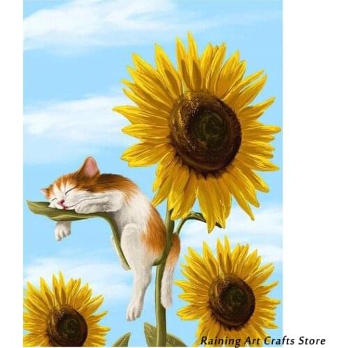 5D Diamond Painting Sunflower and Cat Full Round Square Drill Idyllic Scenery Mosaic Pictures Embroidery Cross Stitch Home Decor