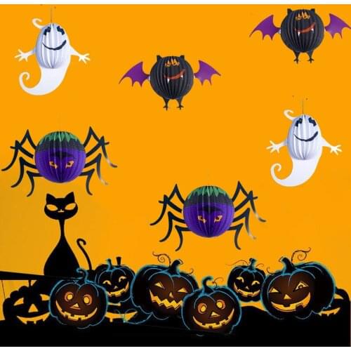 6 pcs Halloween Hanging Ball DIY Spider Bat Gost Paper Lantern Decorative Pendent for Bar Hallween Event Backdrop decoration