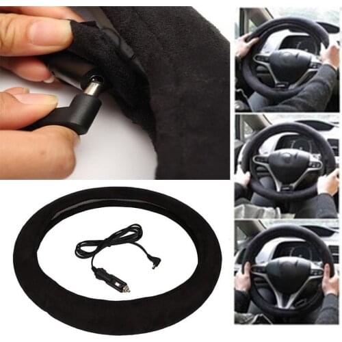 Car Steering Wheel 12V Heated Cover Classic Black Premium Quality Ultra Comfortable 12V Vehicle Heated Wheel Protector