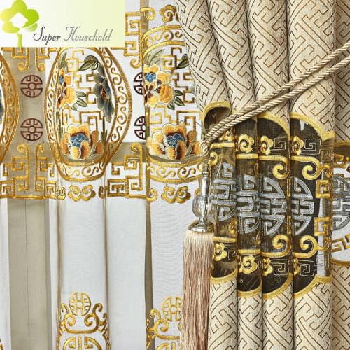 Chinese Royal Golden Color Velvet Curtains For Living Room Bedroom Luxury Embroidered Flower Tulle Window Drapes for Dinner Room
