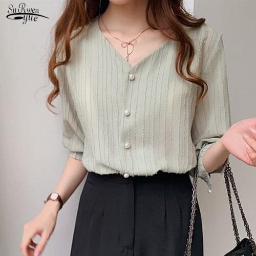 Summer Casual Womens Chiffon Blouses Puff Sleeve Sweet Solid Color Blouse Female Casual Style V Collar Shirt Blusas Femme 15143