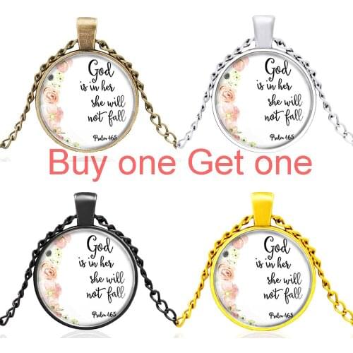 Bible Verse God Is in Her , She Will Not Pall Design Glass Dome Black Necklace Pendant Men Women Jewelry Accessories Gift