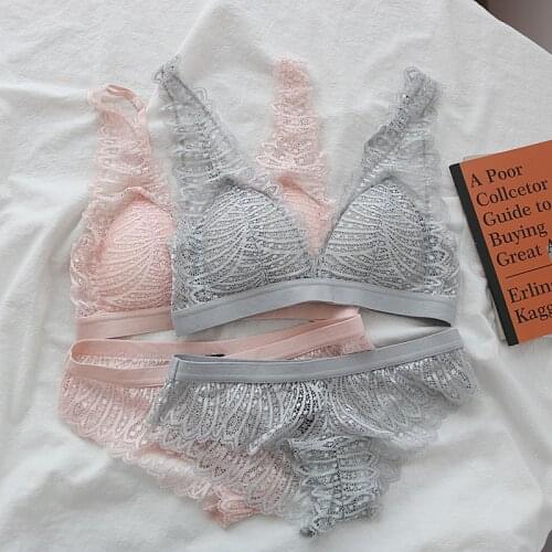 Lace bra set thin no steel ring deep V water drop cup underwear cover female insert detachable double breasted lingerie sets