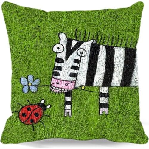 A cow send flowers to a ladybug of Cotton Polyester Square soft Cushion Cover For Sofa Bed car home Decorative