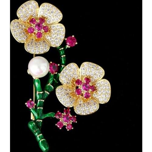 Beautiful Enamel Flower Brooch For Women High Quality Metal Flower Pins With Cubic Zirconia and Imitation Pearl
