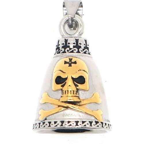 Unisex 316L Stainless Steel Cross Gold-Color Pirate Skull Heavy Bell Pendant